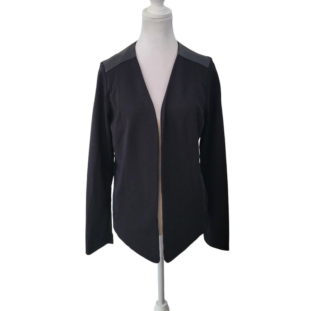 Eileen Fisher Size M Angle Front Leather Trim Ponte Jacket Blazer Mature Classic